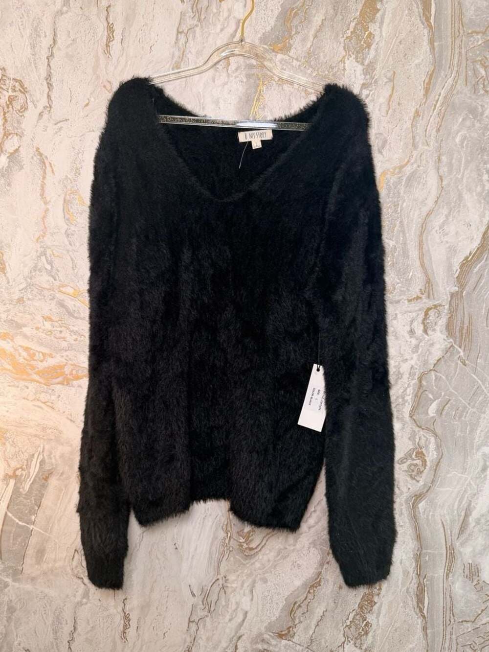 B My Story Women's Fuzzy V-Neck Long Sleeve Sweater, Black, Size L